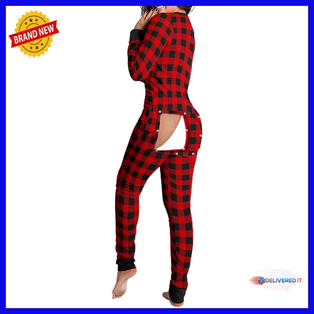 Women's Long Sleeve V-Neck Jumpsuit Pajamas With Drop Seat Butt Flap